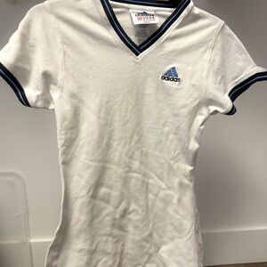 Vintage Adidas White V-Neck Tennis/Golf Dress with Blue Trim
